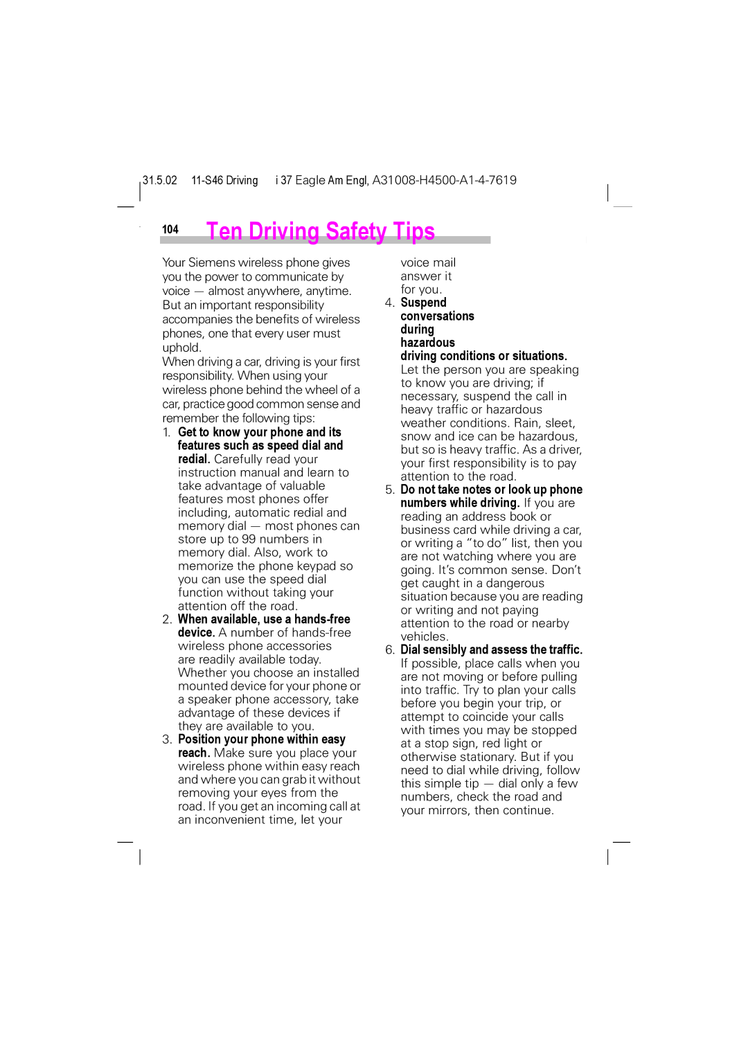 Siemens TDMA 800, GSM 900, GSM 1900, TDMA 1900 manual Ten Driving Safety Tips, 104 