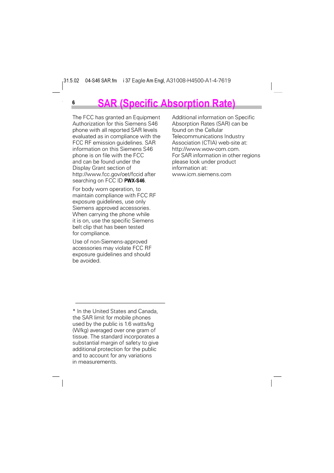 Siemens TDMA 1900, GSM 900, GSM 1900, TDMA 800 manual SAR Specific Absorption Rate 