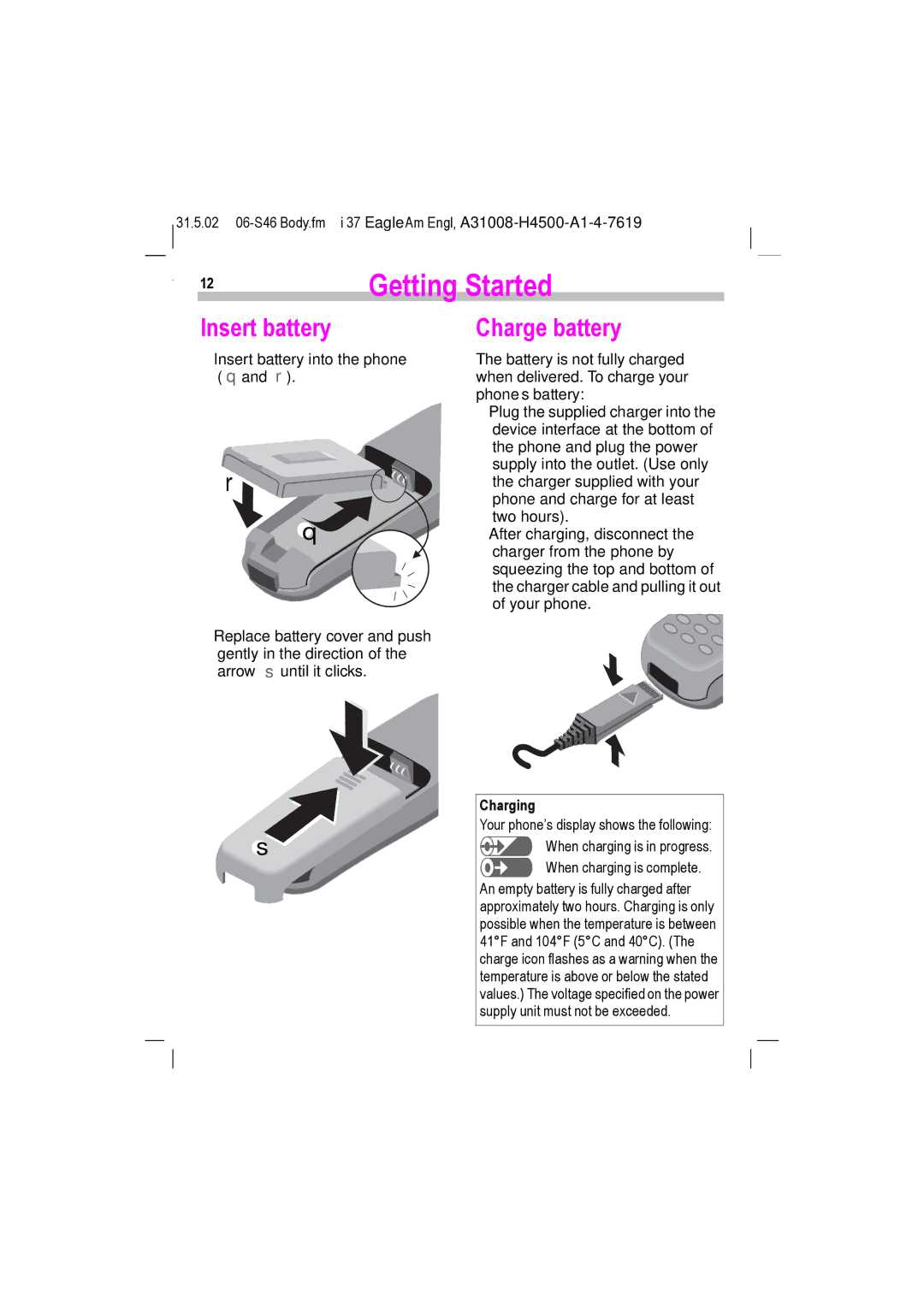 Siemens TDMA 1900, GSM 900, GSM 1900, TDMA 800 manual Insert battery, Charge battery, Charging 