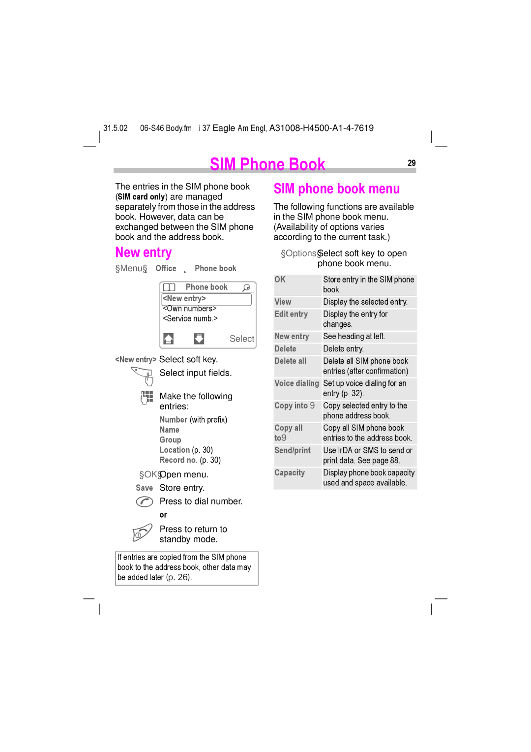 Siemens TDMA 800, GSM 900, GSM 1900, TDMA 1900 manual SIM Phone Book, SIM phone book menu 