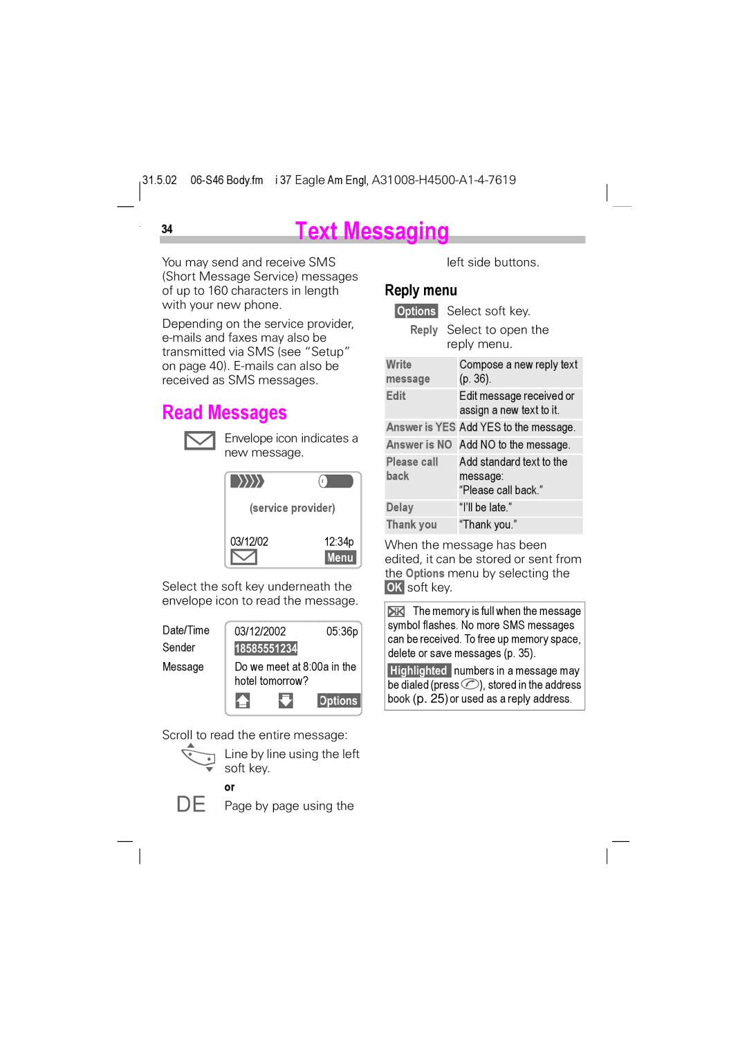 Siemens GSM 900, GSM 1900, TDMA 800, TDMA 1900 manual Text Messaging, Read Messages, Reply menu 