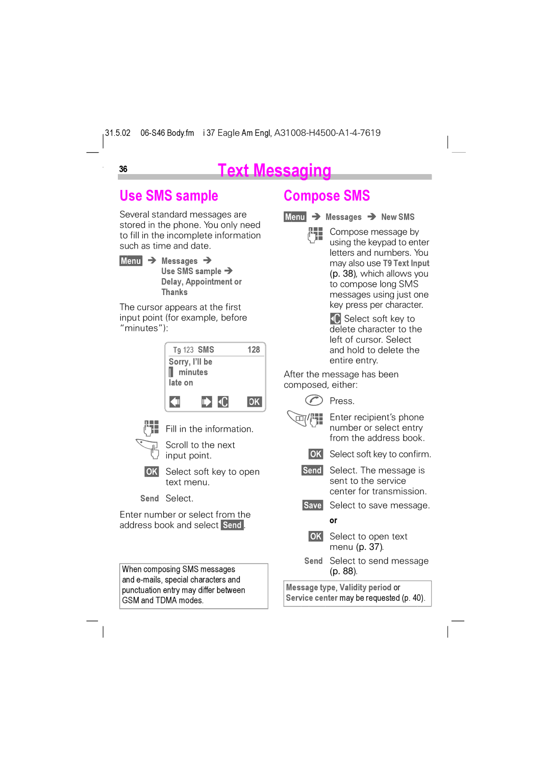 Siemens TDMA 1900, GSM 900, GSM 1900 Compose SMS, §Menu§ Messages Use SMS sample Delay, Appointment or Thanks, 128 