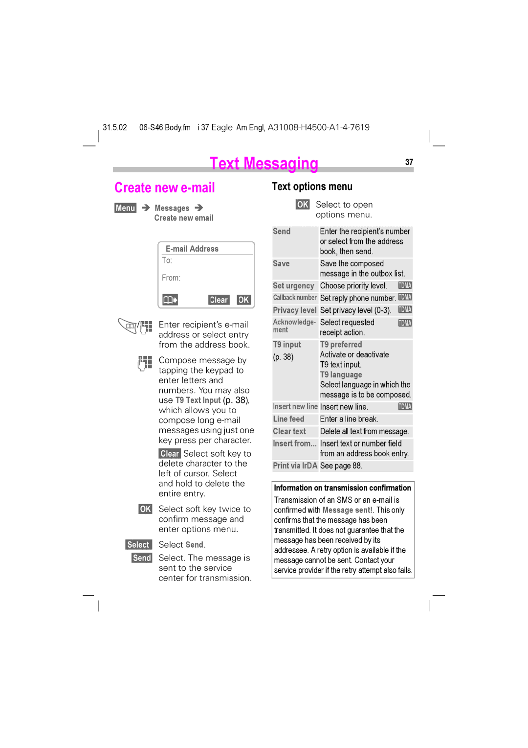 Siemens GSM 900, GSM 1900, TDMA 800, TDMA 1900 manual Create new e-mail, Text options menu 