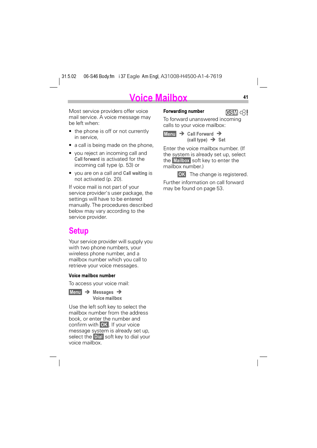 Siemens TDMA 800, GSM 900, GSM 1900 manual Voice Mailbox, Setup, §Menu§ Call Forward, Call type, Menu Messages Voice mailbox 