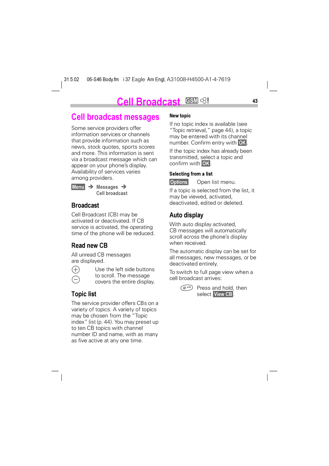 Siemens GSM 900, GSM 1900, TDMA 800, TDMA 1900 manual Cell Broadcast Z, Cell broadcast messages 