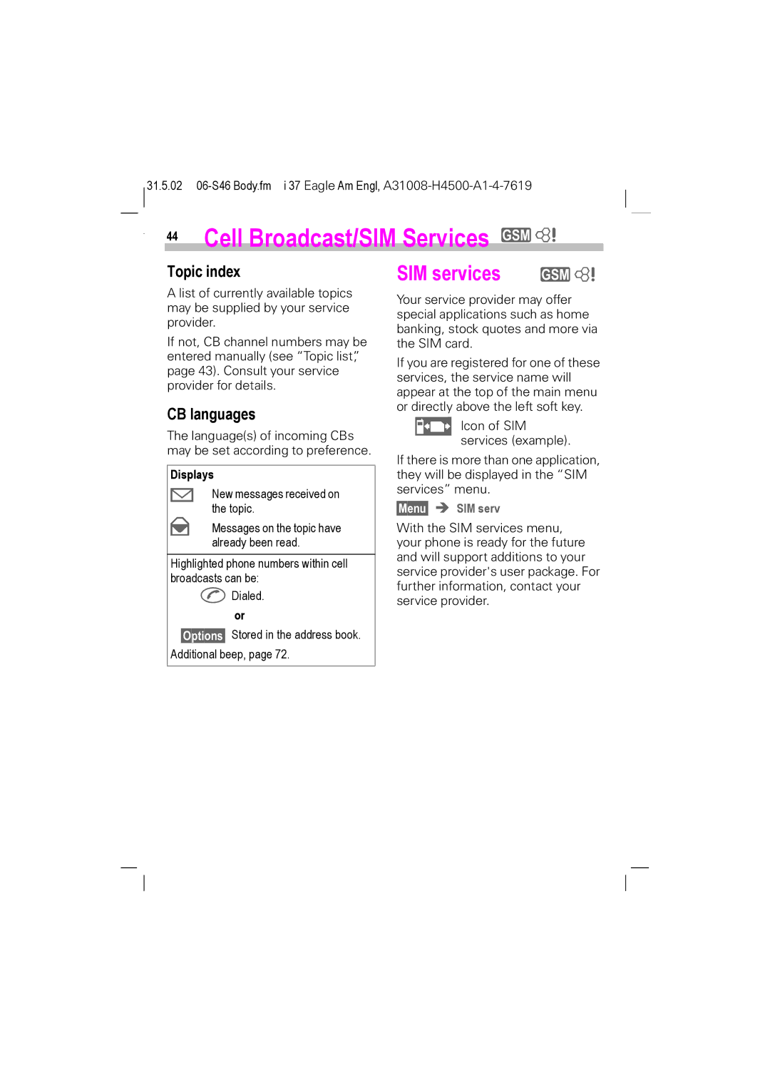 Siemens TDMA 800, GSM 900, GSM 1900, TDMA 1900 manual Cell Broadcast/SIM Services Z, SIM services, CB languages 