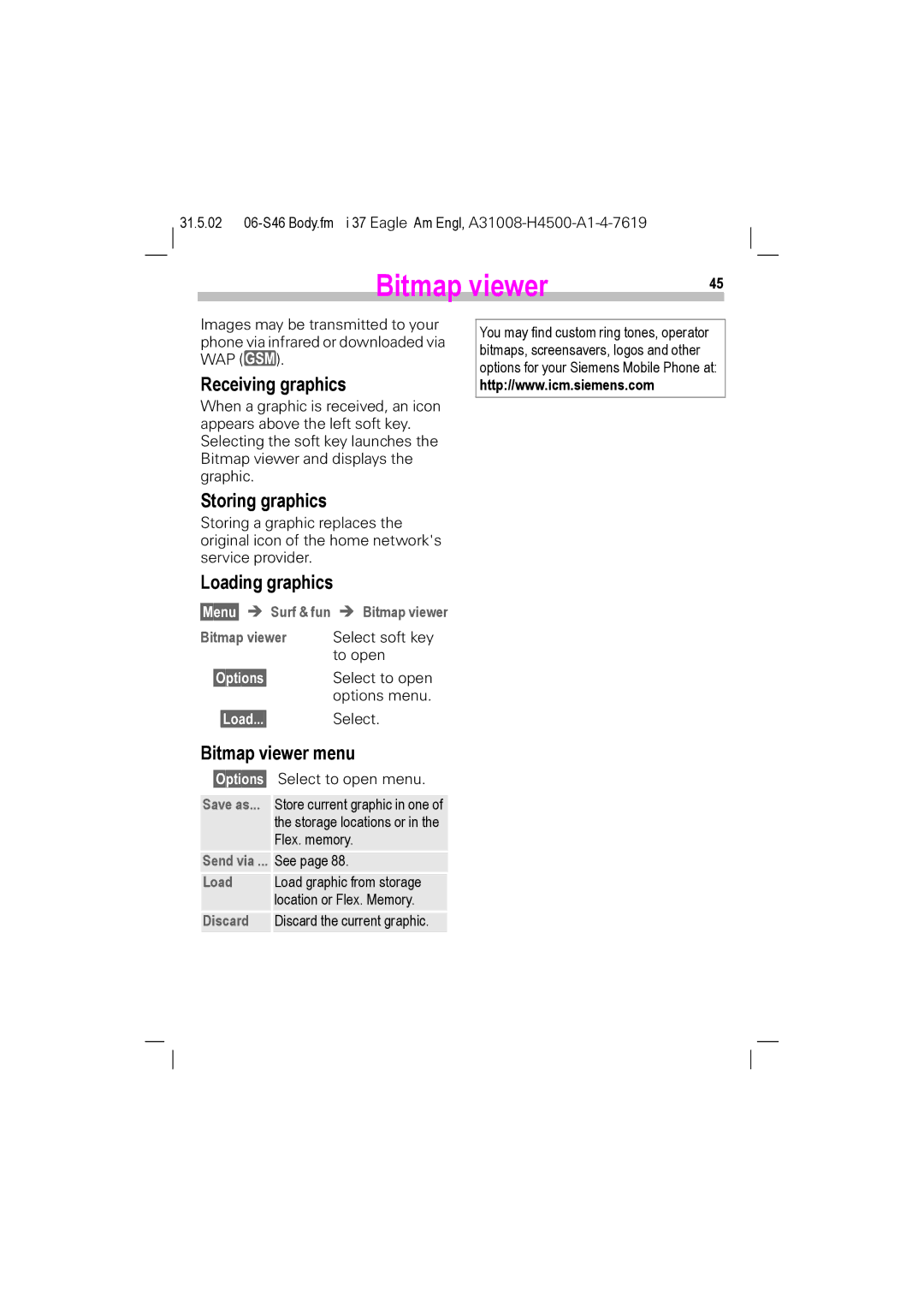 Siemens TDMA 1900, GSM 900, GSM 1900 manual Receiving graphics, Storing graphics, Loading graphics, Bitmap viewer menu 