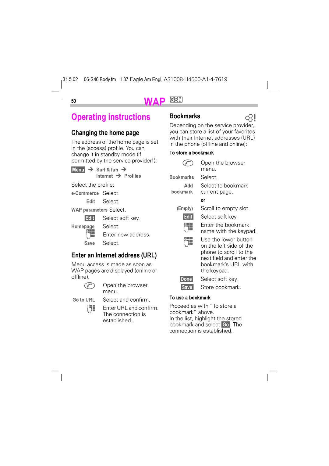 Siemens TDMA 800, GSM 900, GSM 1900 Operating instructions, Changing the home, Enter an Internet address URL, BookmarksZ 