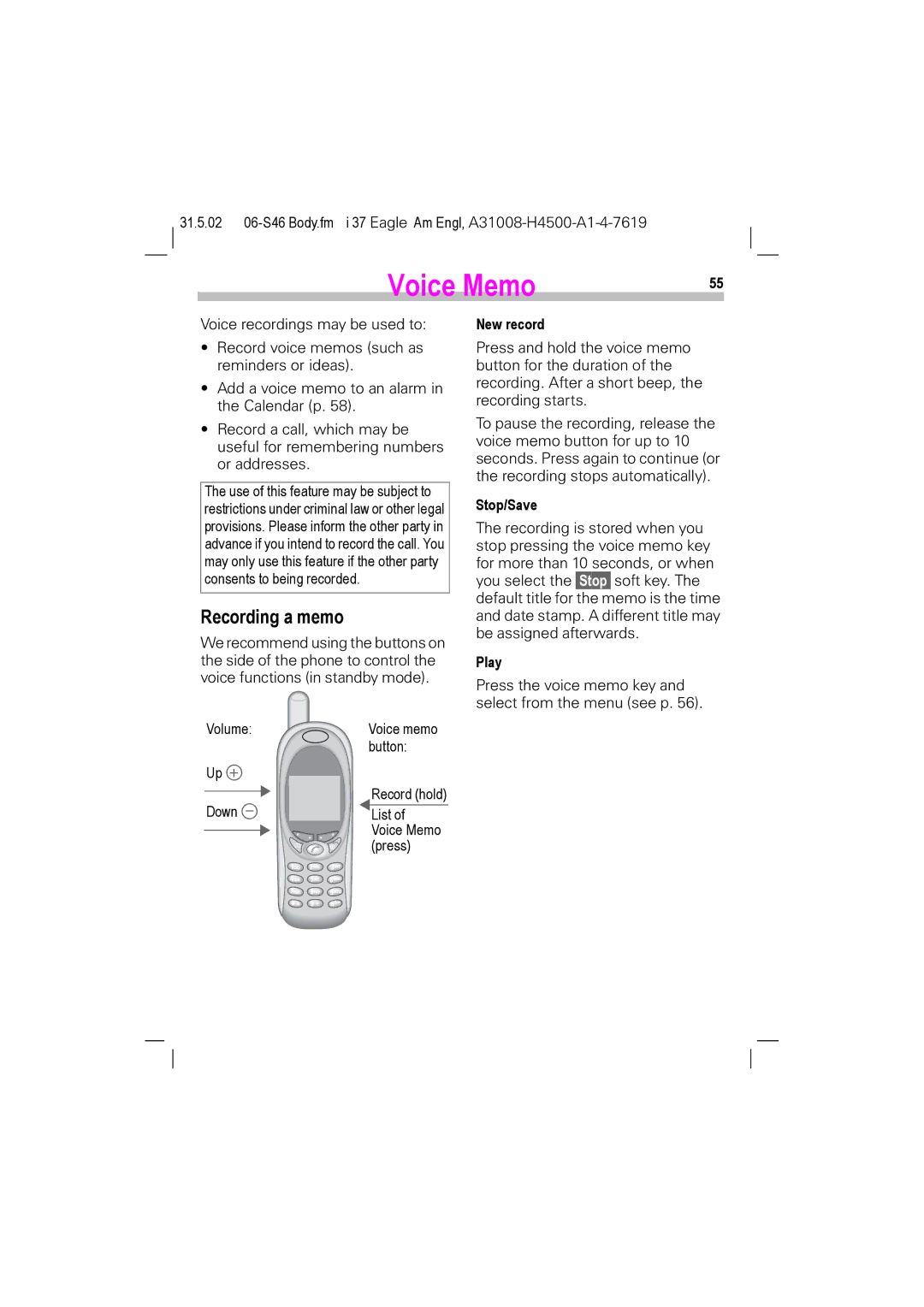 Siemens GSM 900, GSM 1900, TDMA 800, TDMA 1900 manual Voice Memo, Recording a memo, New record, Stop/Save, Play 