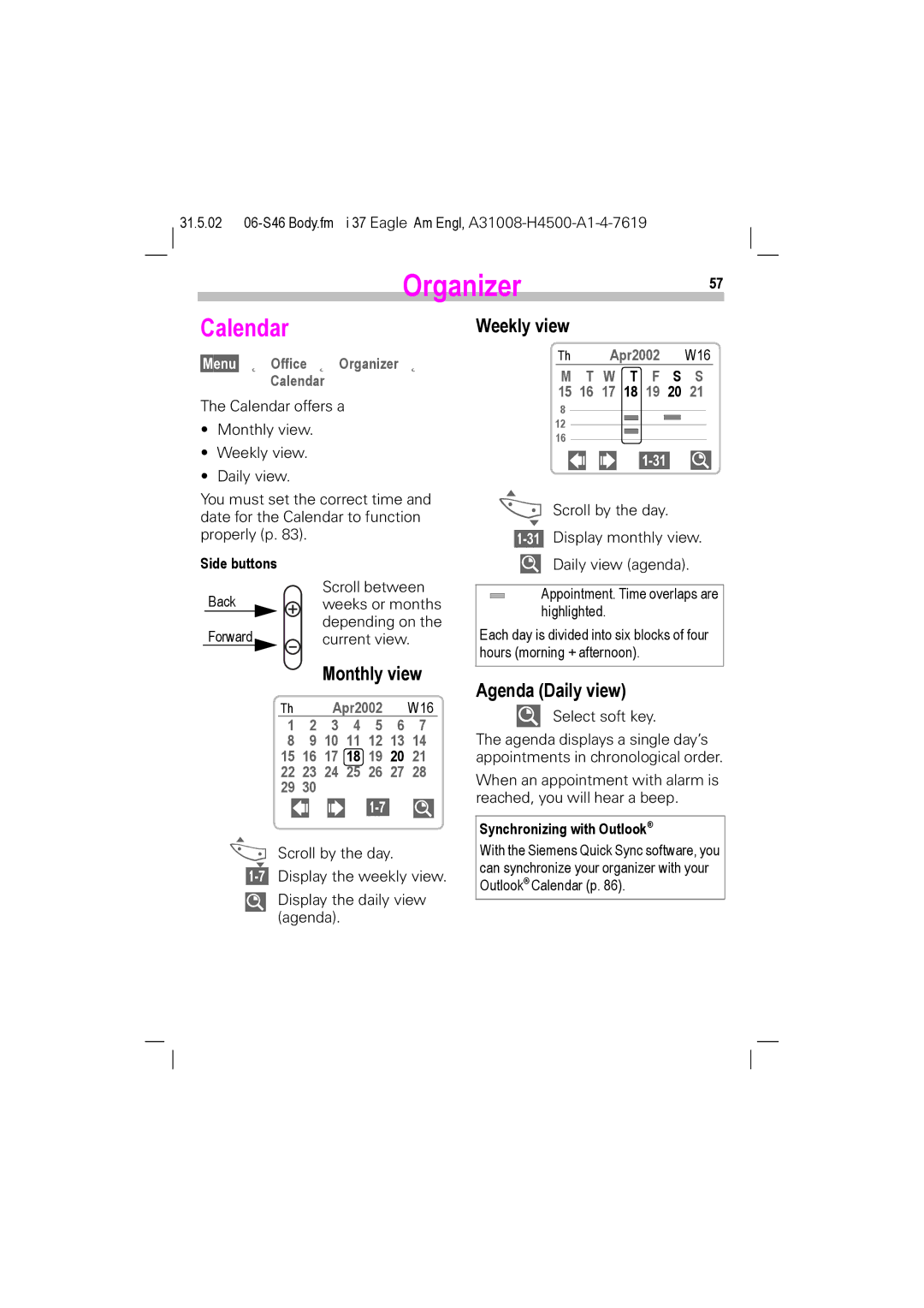 Siemens TDMA 1900, GSM 900, GSM 1900, TDMA 800 manual Organizer, Calendar, Agenda Daily view, Apr2002 W16 29 B30 