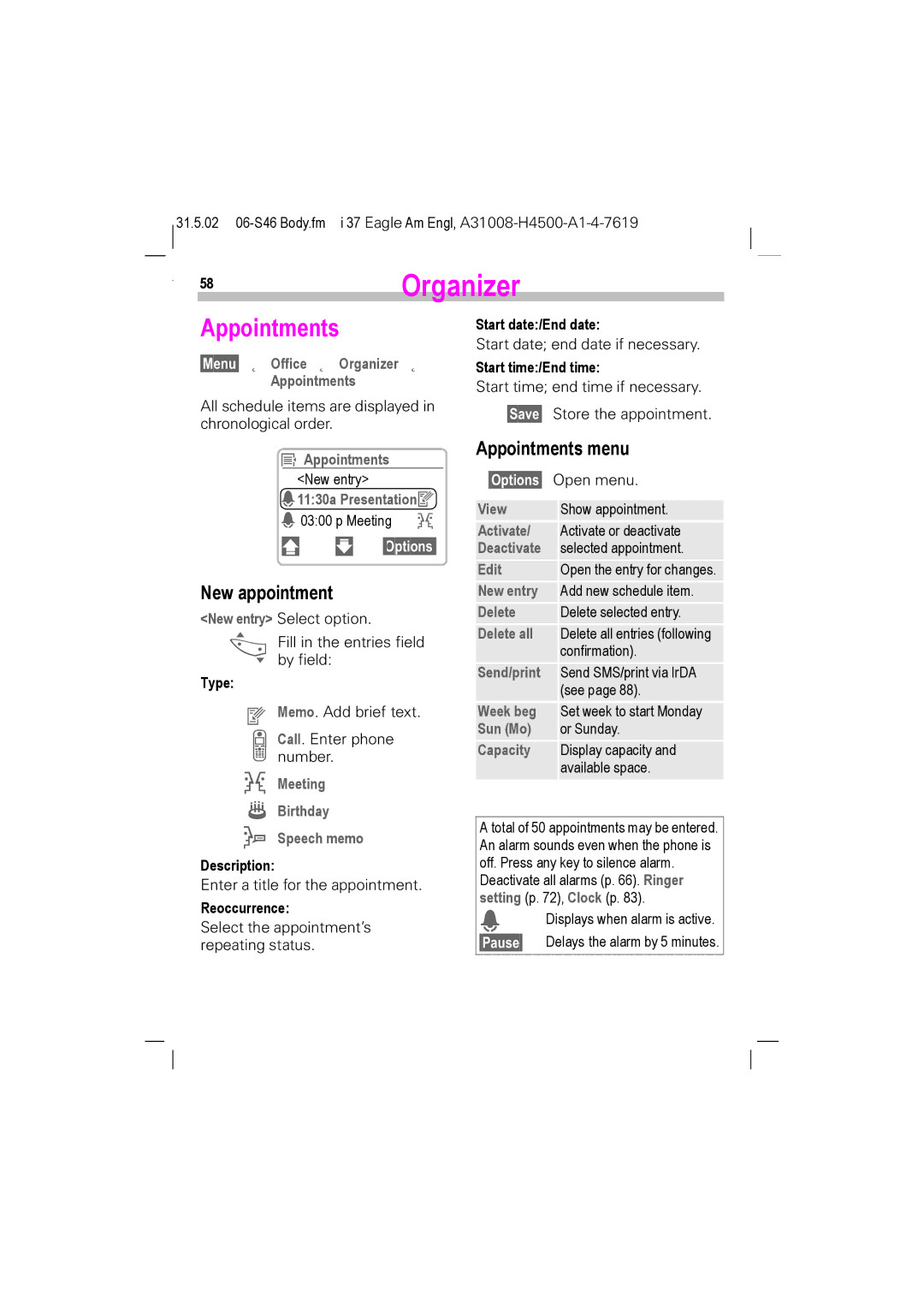 Siemens GSM 900, GSM 1900, TDMA 800, TDMA 1900 manual New appointment, Appointments menu 