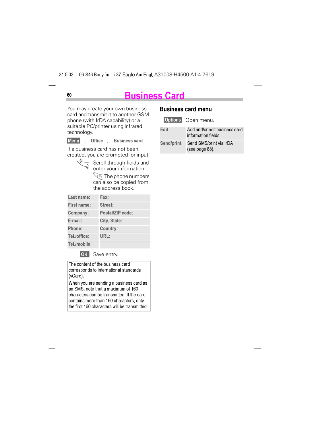 Siemens TDMA 1900, TDMA 800 manual Business Card, Business card menu, §Menu§ Office Business card, Tel./mobile, Save entry 