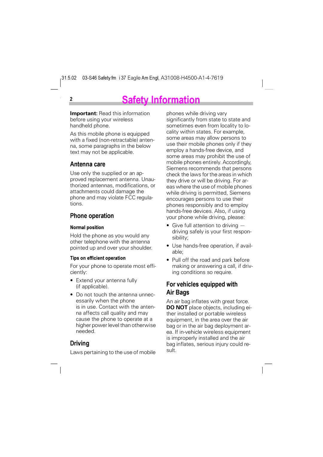 Siemens TDMA 800 manual Safety Information, Antenna care, Phone operation, Driving, For vehicles equipped with Air Bags 