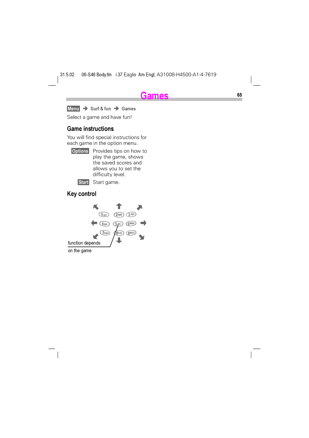 Siemens TDMA 800, GSM 900, GSM 1900, TDMA 1900 manual Games65, Game instructions, Key control, §Menu§ Surf & fun Games 