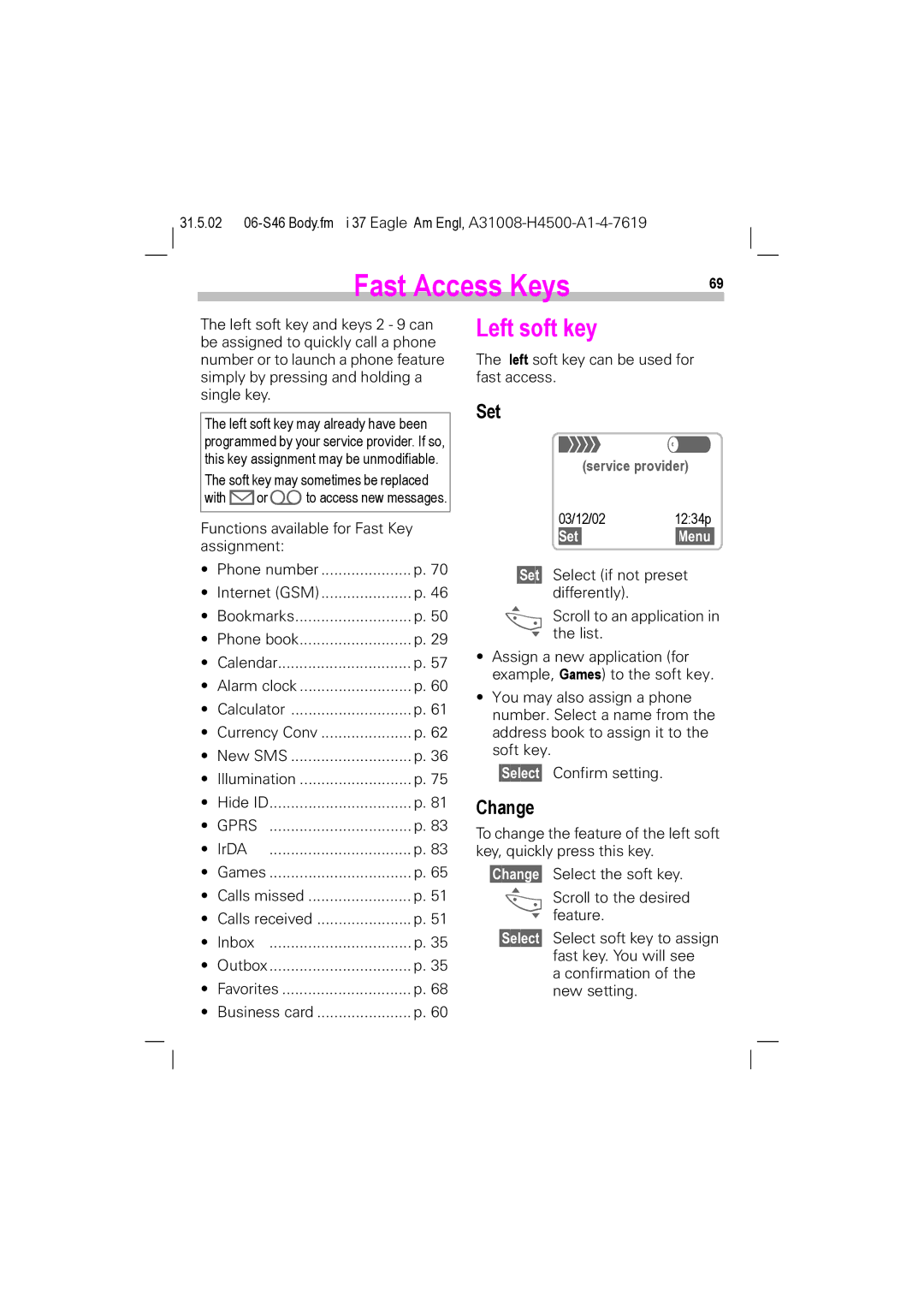 Siemens TDMA 1900, GSM 900, GSM 1900, TDMA 800 manual Fast Access Keys, Left soft key, Set, Change 