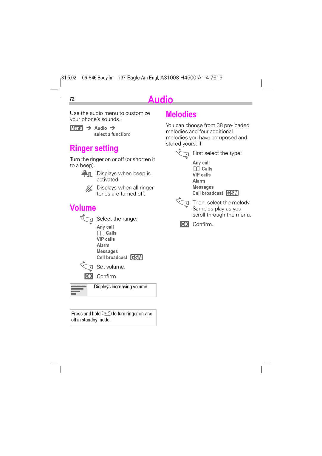 Siemens TDMA 1900, GSM 900, GSM 1900, TDMA 800 manual 72Audio, Ringer setting, Volume, Melodies 