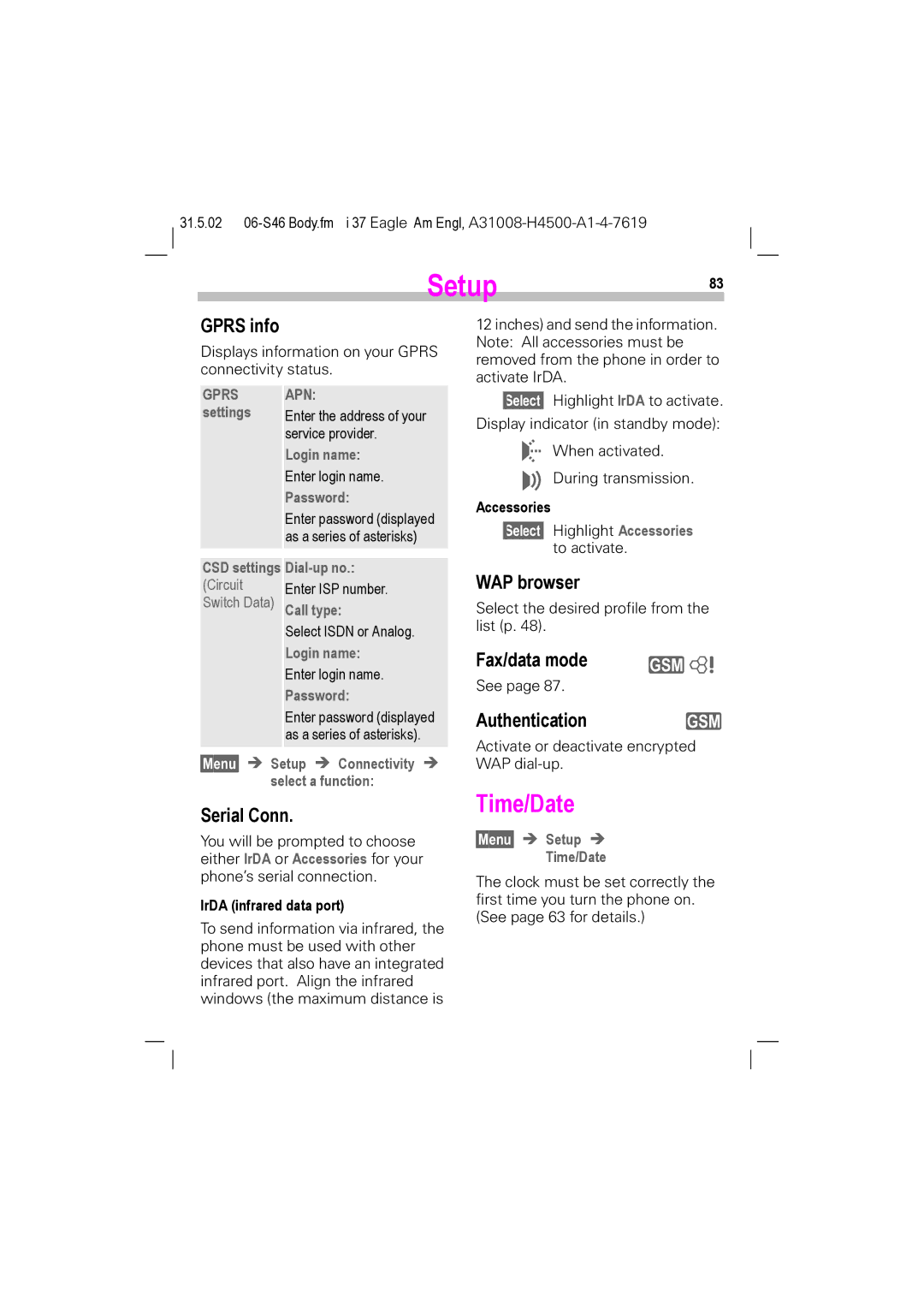 Siemens TDMA 800, GSM 900, GSM 1900, TDMA 1900 manual Setup83, Gprs info, Serial Conn, WAP browser 