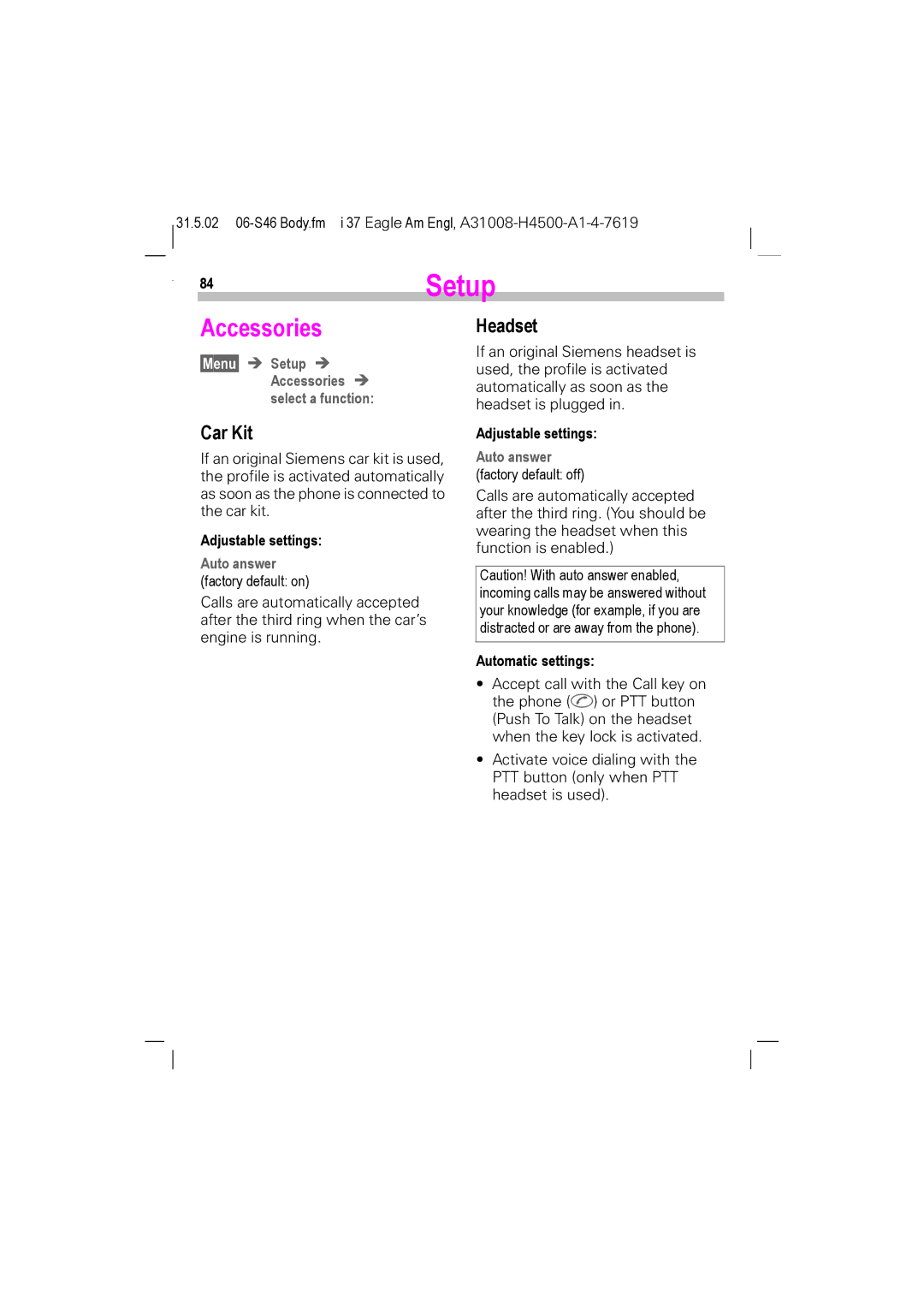 Siemens TDMA 1900, GSM 900, GSM 1900, TDMA 800 manual 84Setup, AccessoriesHeadset, Car Kit 