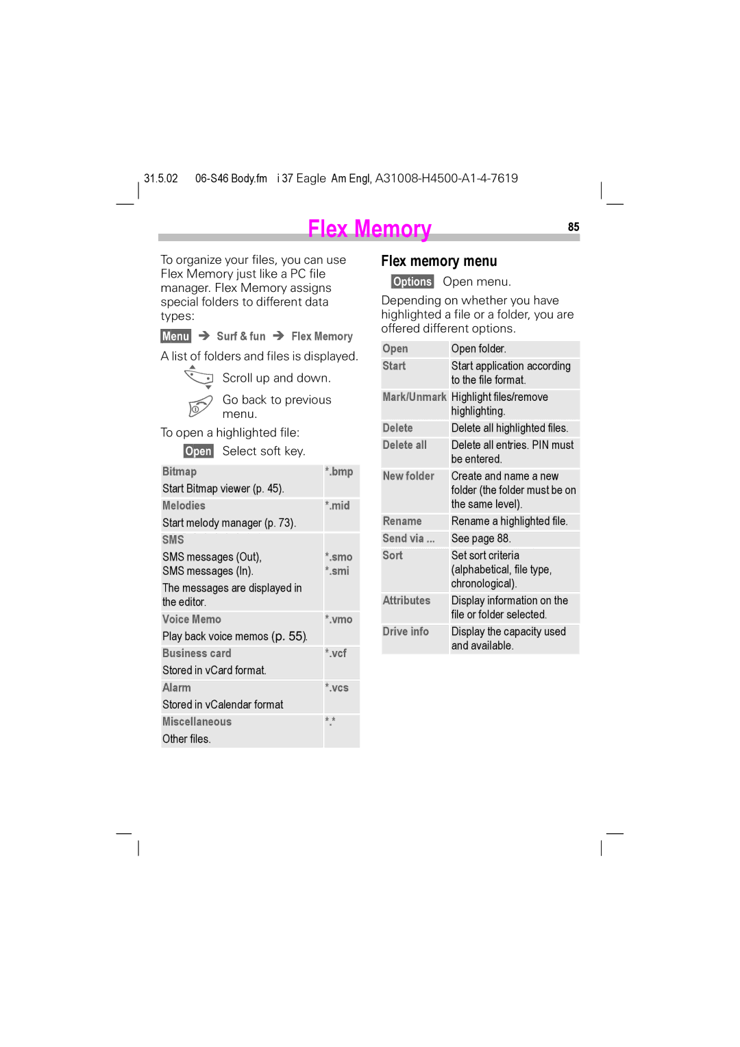 Siemens GSM 900, GSM 1900, TDMA 800, TDMA 1900 manual Flex Memory, Flex memory menu 