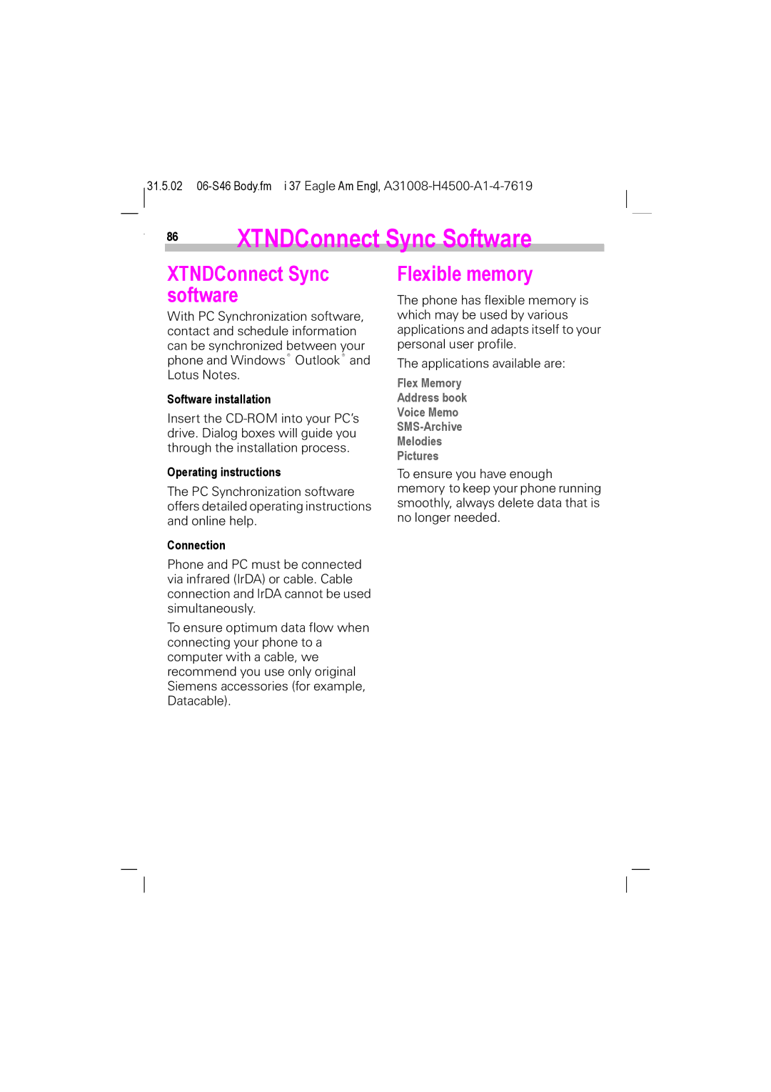 Siemens TDMA 800, GSM 900, GSM 1900, TDMA 1900 manual XTNDConnect Sync Software, XTNDConnect Sync software, Flexible memory 