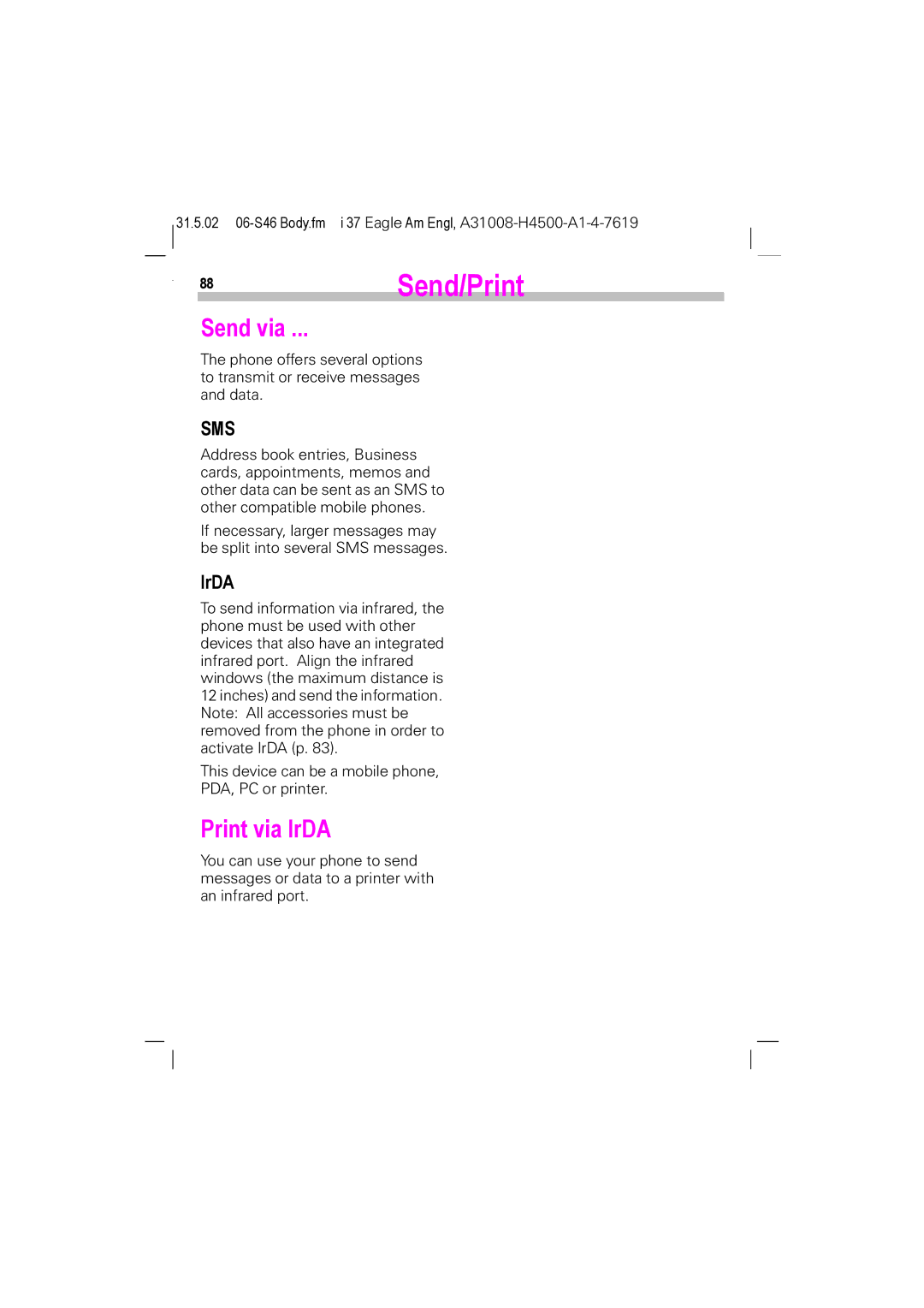 Siemens GSM 900, GSM 1900, TDMA 800, TDMA 1900 manual 88Send/Print, Send via, Print via IrDA 