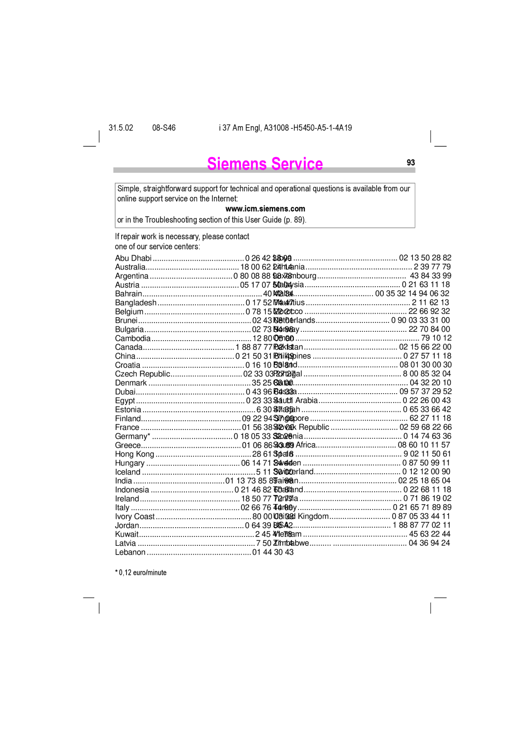 Siemens TDMA 1900, GSM 900, GSM 1900, TDMA 800 manual Siemens Service 