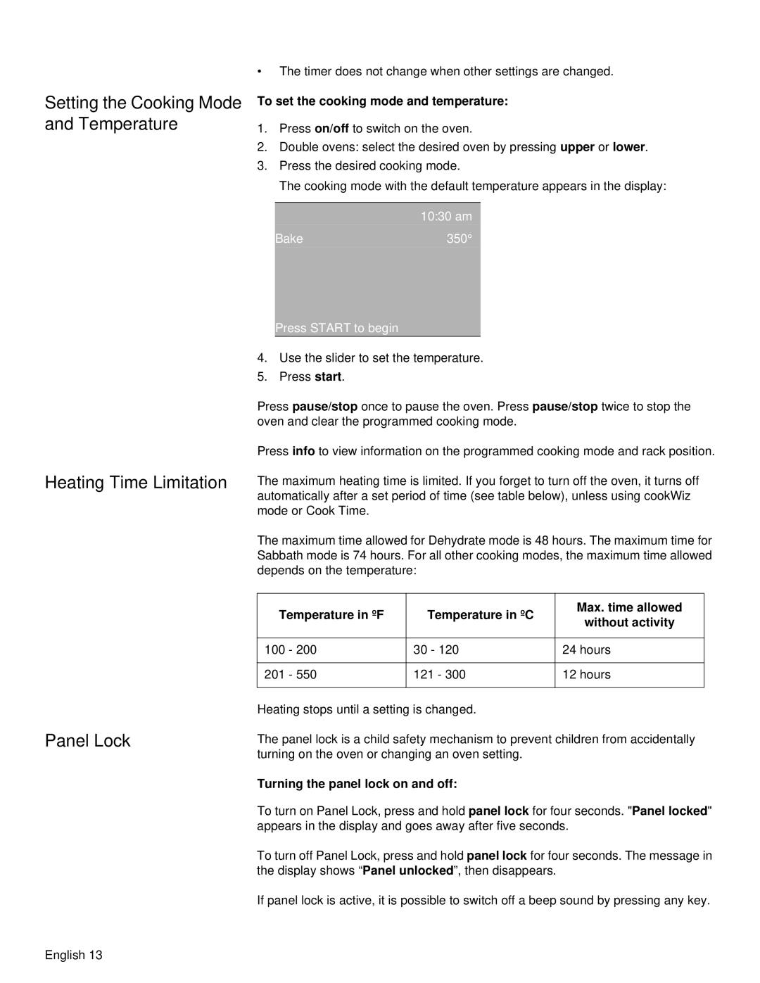 Siemens HB30D51UC, HB30S51UC manual Setting the Cooking Mode and Temperature, Heating Time Limitation, Panel Lock 