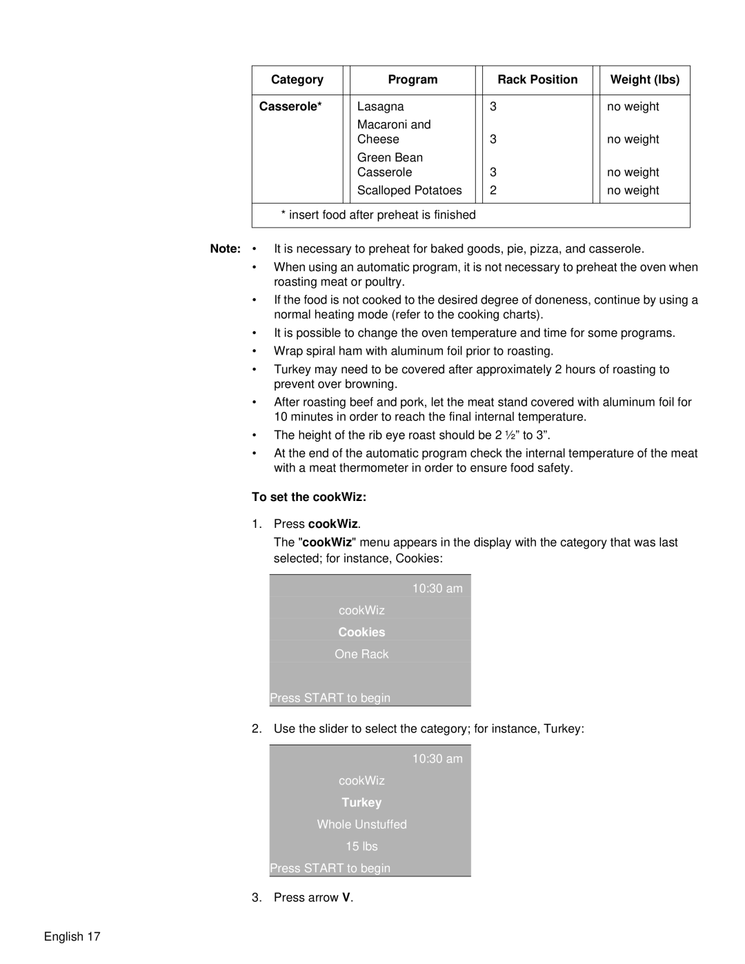 Siemens HB30D51UC, HB30S51UC manual Category Program Rack Position Weight lbs Casserole, To set the cookWiz, am CookWiz 