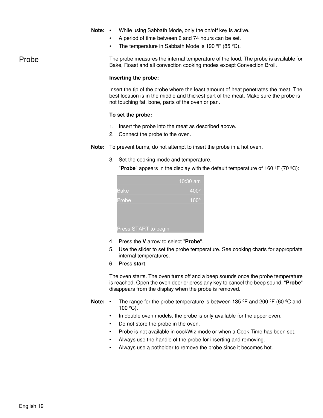 Siemens HB30D51UC, HB30S51UC manual Inserting the probe, To set the probe, am Bake400 Probe160 Press Start to begin 