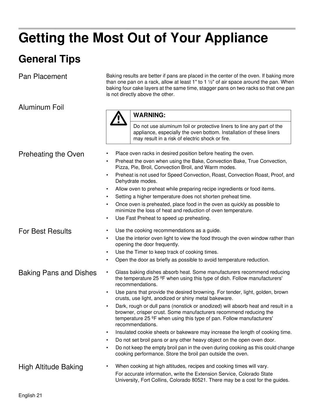 Siemens HB30D51UC, HB30S51UC manual Getting the Most Out of Your Appliance, General Tips, Pan Placement, Aluminum Foil 