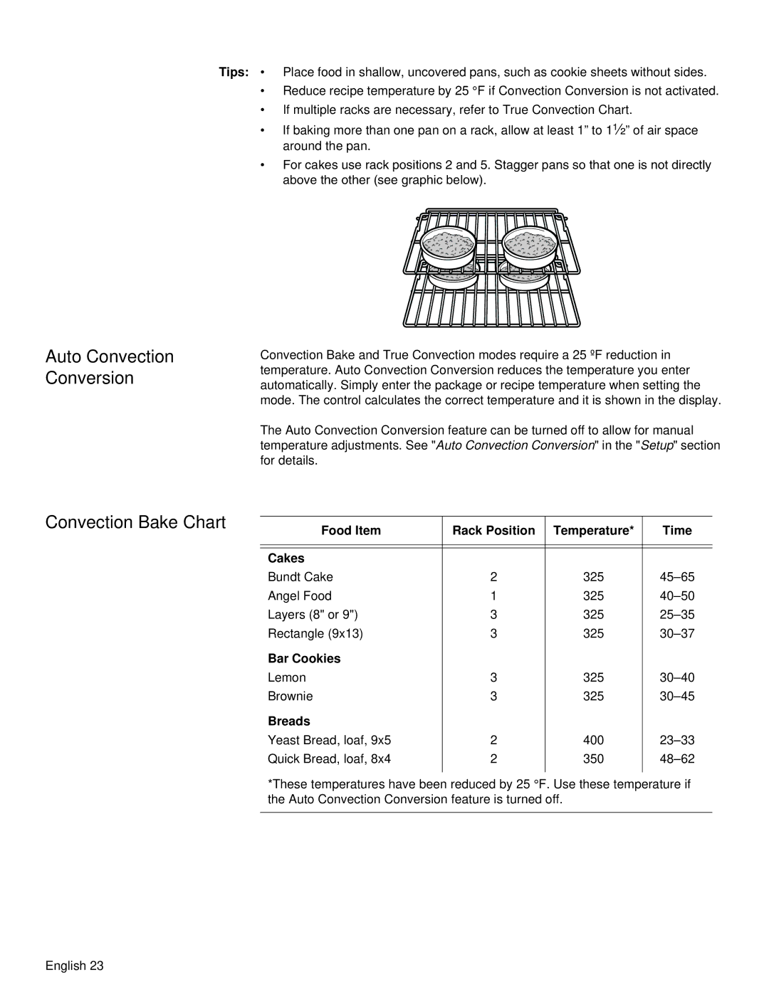 Siemens HB30D51UC manual Auto Convection Conversion, Convection Bake Chart, Food Item Rack Position Temperature Time Cakes 