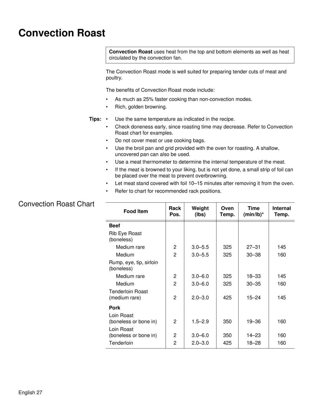 Siemens HB30D51UC, HB30S51UC manual Convection Roast Chart 