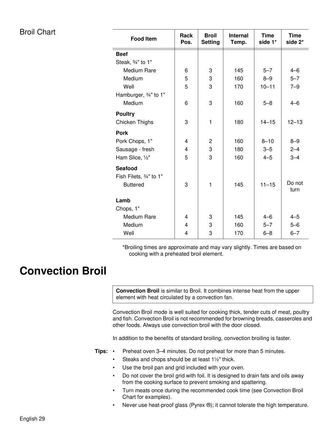 Siemens HB30D51UC manual Convection Broil, Broil Chart, Food Item Rack Broil Internal Time Pos Setting, Side Beef, Seafood 