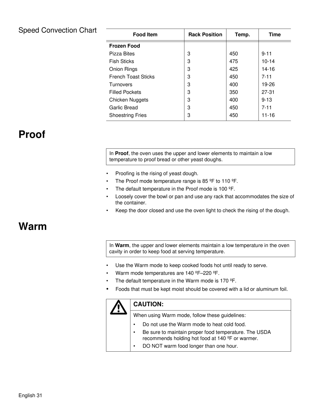 Siemens HB30D51UC, HB30S51UC manual Proof, Warm, Speed Convection Chart, Food Item Rack Position Temp Time Frozen Food 