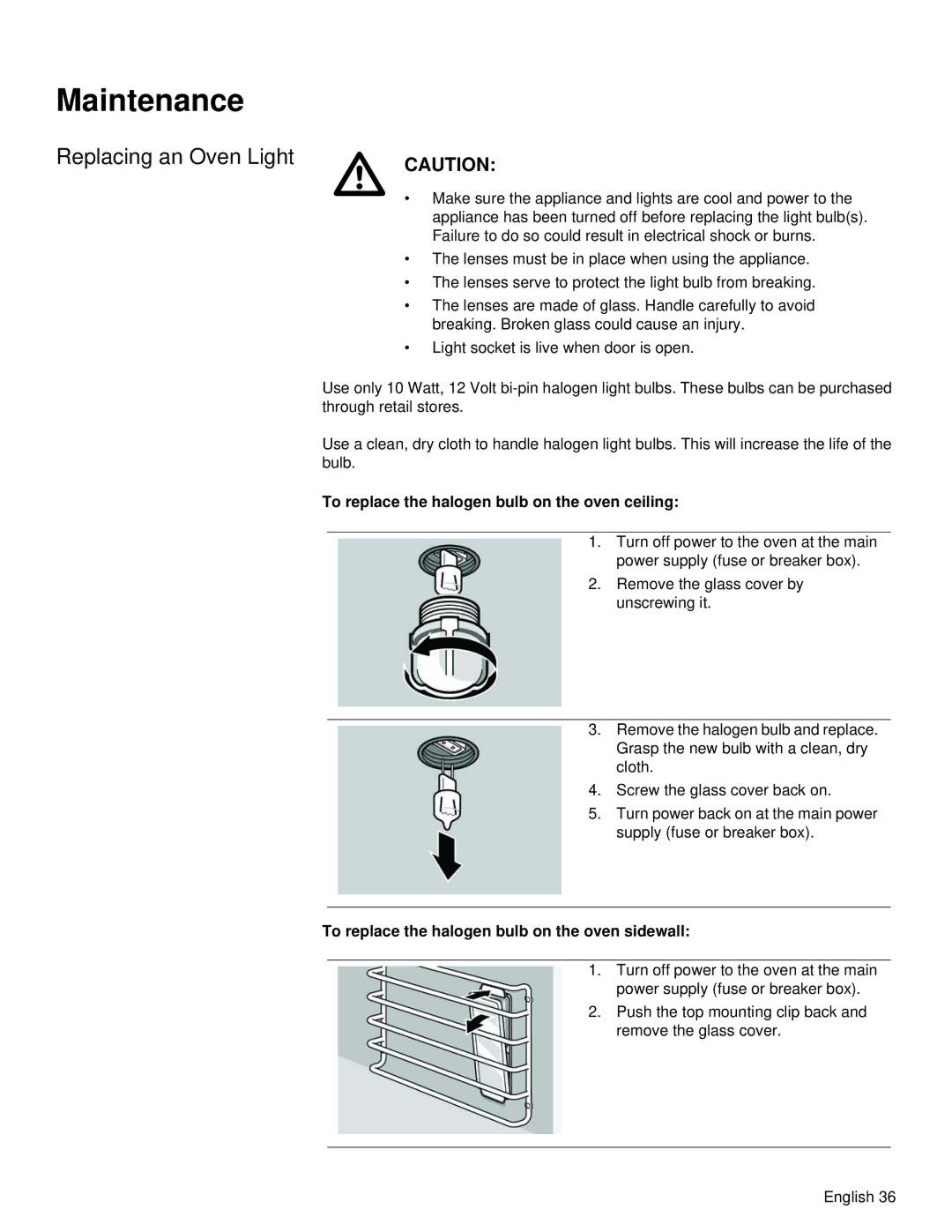 Siemens HB30S51UC, HB30D51UC manual Maintenance, Replacing an Oven Light, To replace the halogen bulb on the oven ceiling 