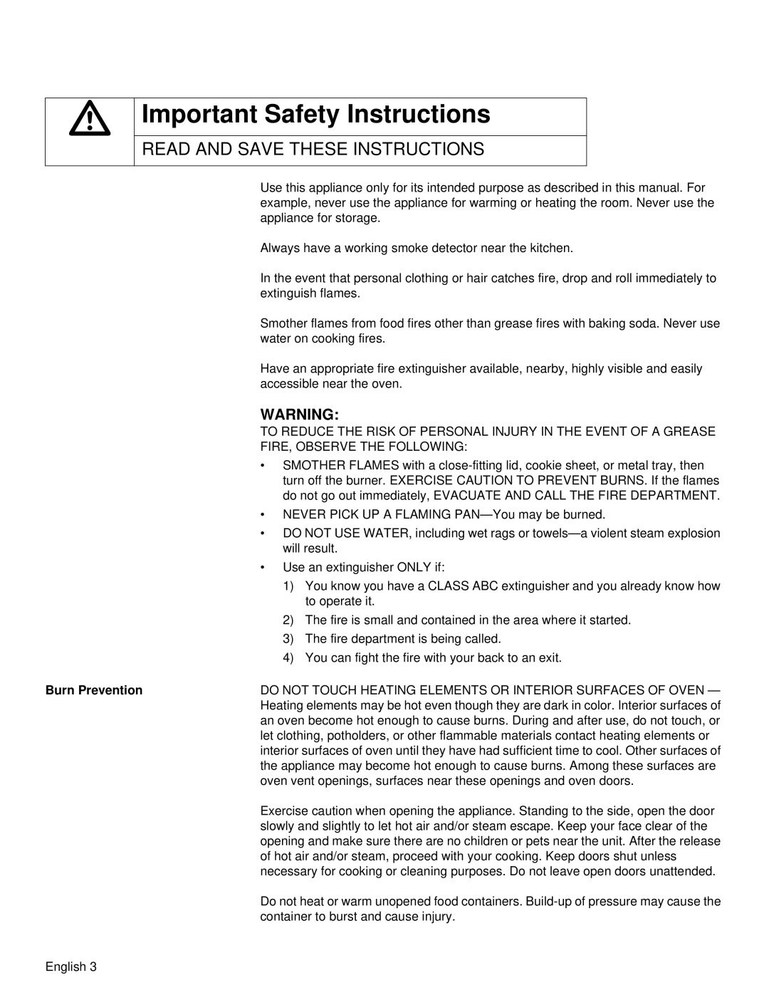 Siemens HB30D51UC, HB30S51UC manual Burn Prevention, Do not Touch Heating Elements or Interior Surfaces of Oven 