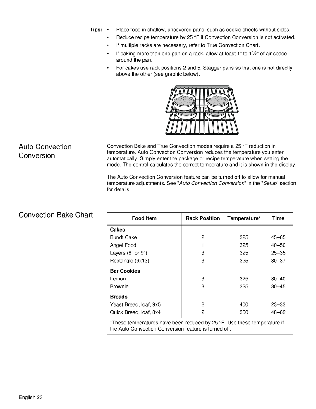 Siemens HB30D51UC Auto Convection Conversion, Convection Bake Chart, Food Item, Rack Position, Temperature, Time, Cakes 