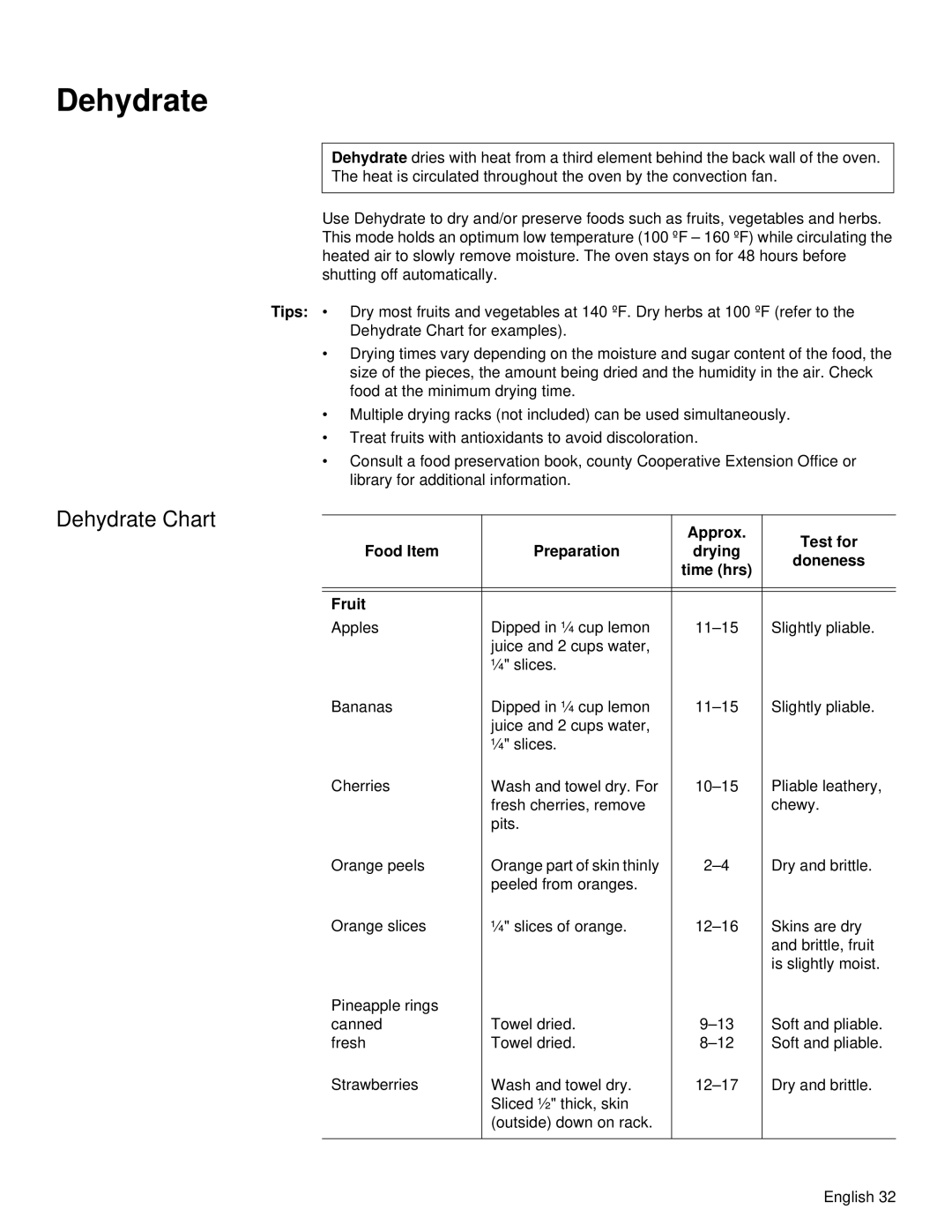 Siemens HB30S51UC, HB30D51UC manual Dehydrate Chart 