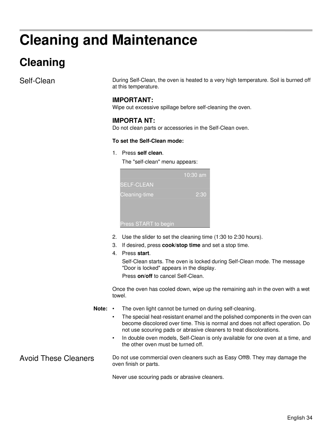Siemens HB30S51UC, HB30D51UC manual Cleaning and Maintenance, Self-Clean, Avoid These Cleaners, Importa Nt 