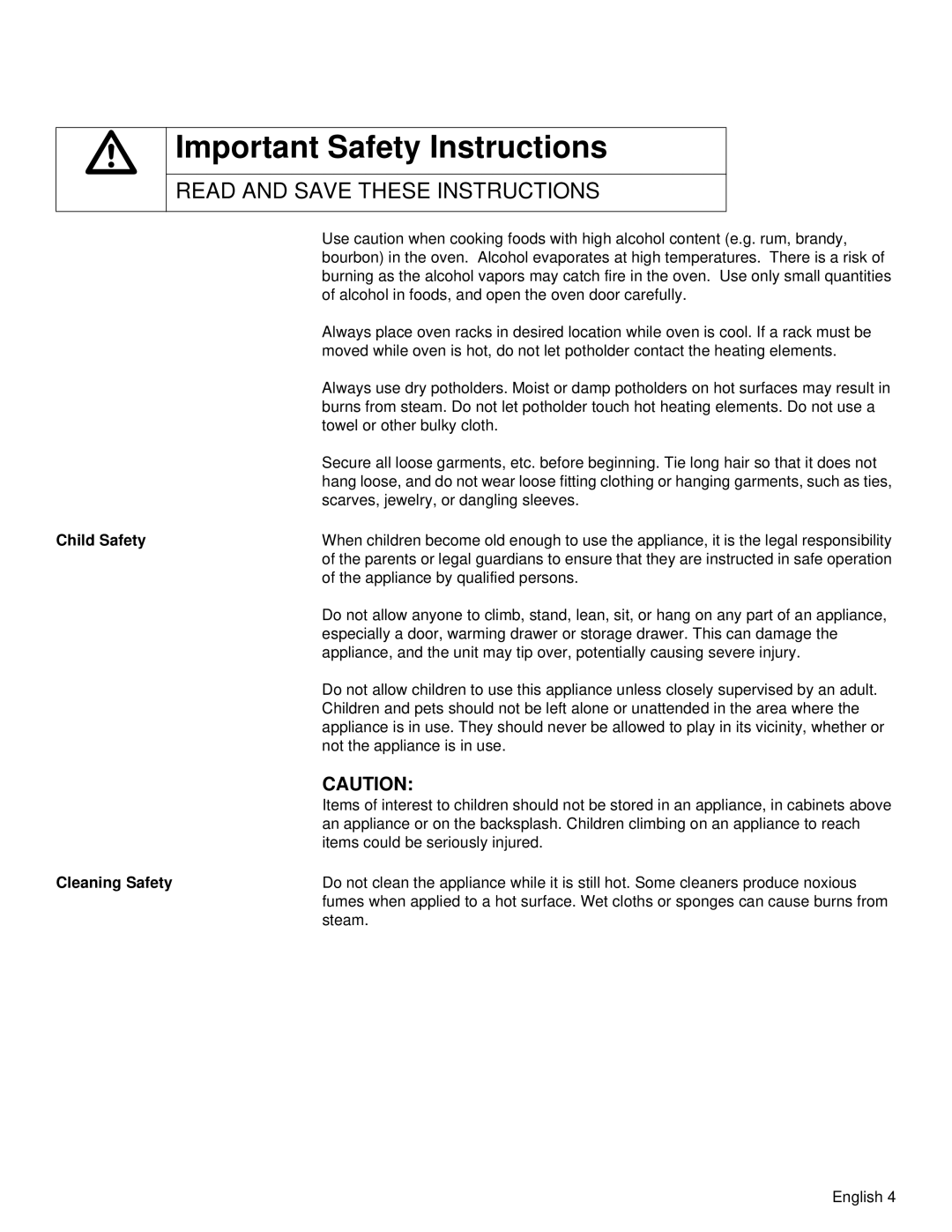 Siemens HB30S51UC manual Important Safety Instructions, Read And Save These Instructions, Child Safety, Cleaning Safety 