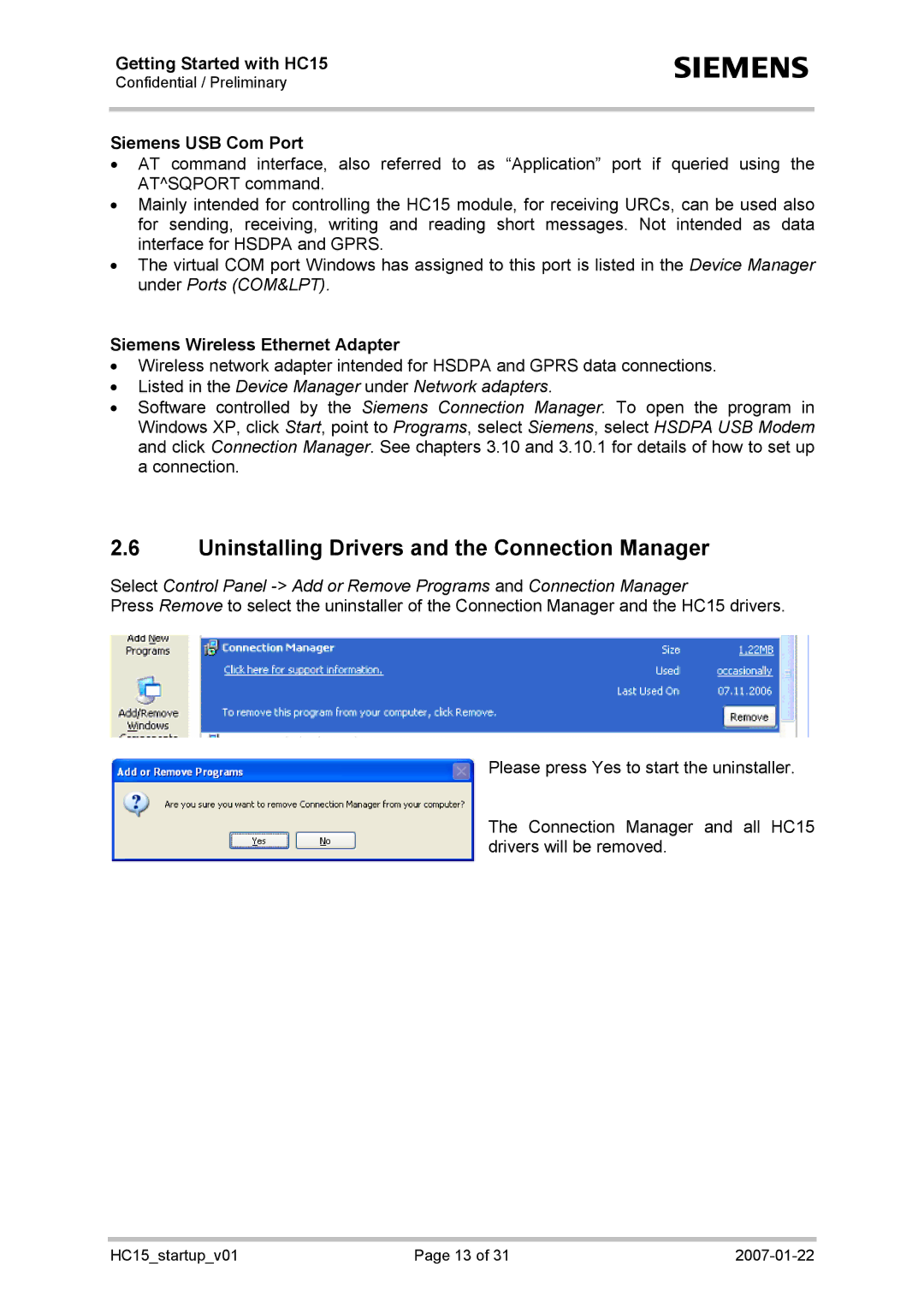 Siemens HC15 Uninstalling Drivers and the Connection Manager, Siemens USB Com Port, Siemens Wireless Ethernet Adapter 