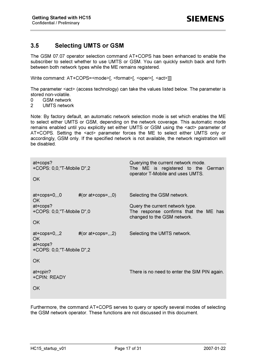 Siemens HC15 manual Selecting Umts or GSM 