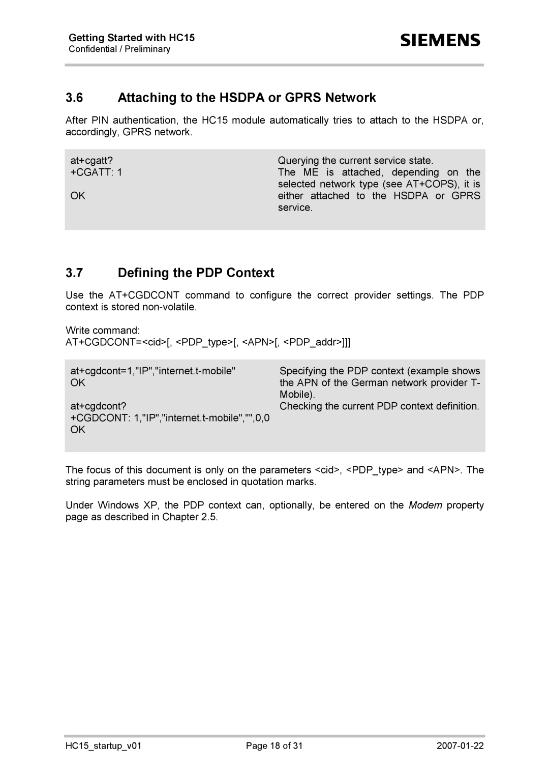 Siemens HC15 manual Attaching to the Hsdpa or Gprs Network, Defining the PDP Context 