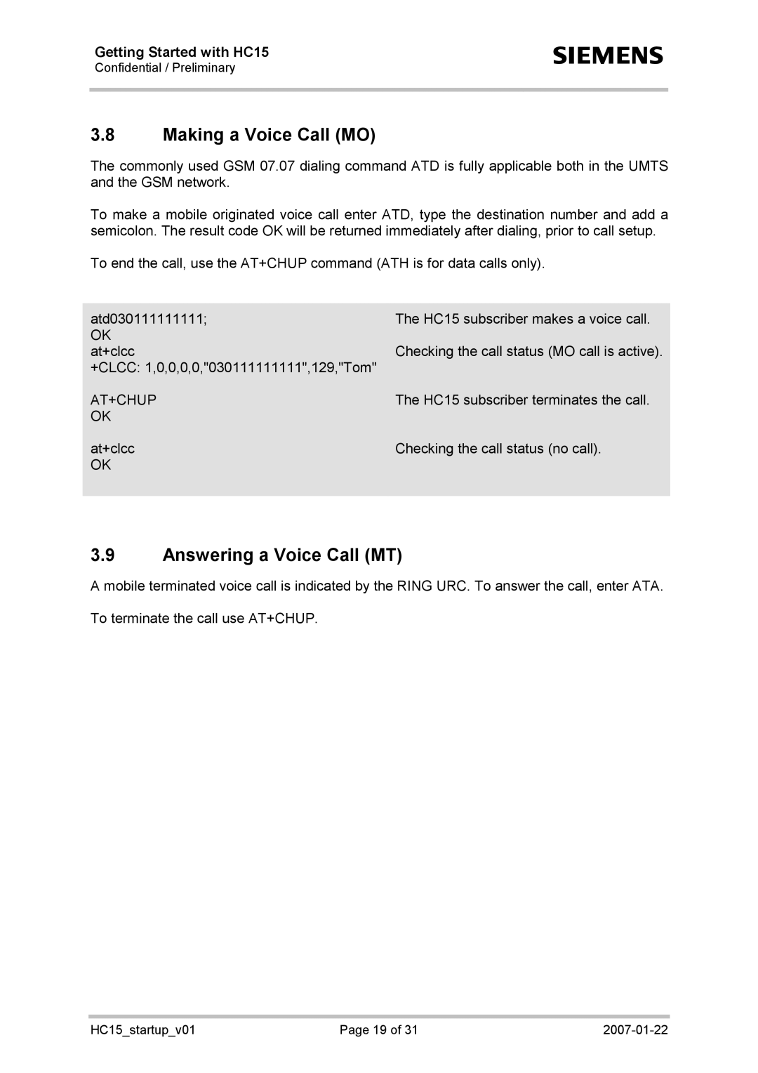 Siemens HC15 manual Making a Voice Call MO, Answering a Voice Call MT 