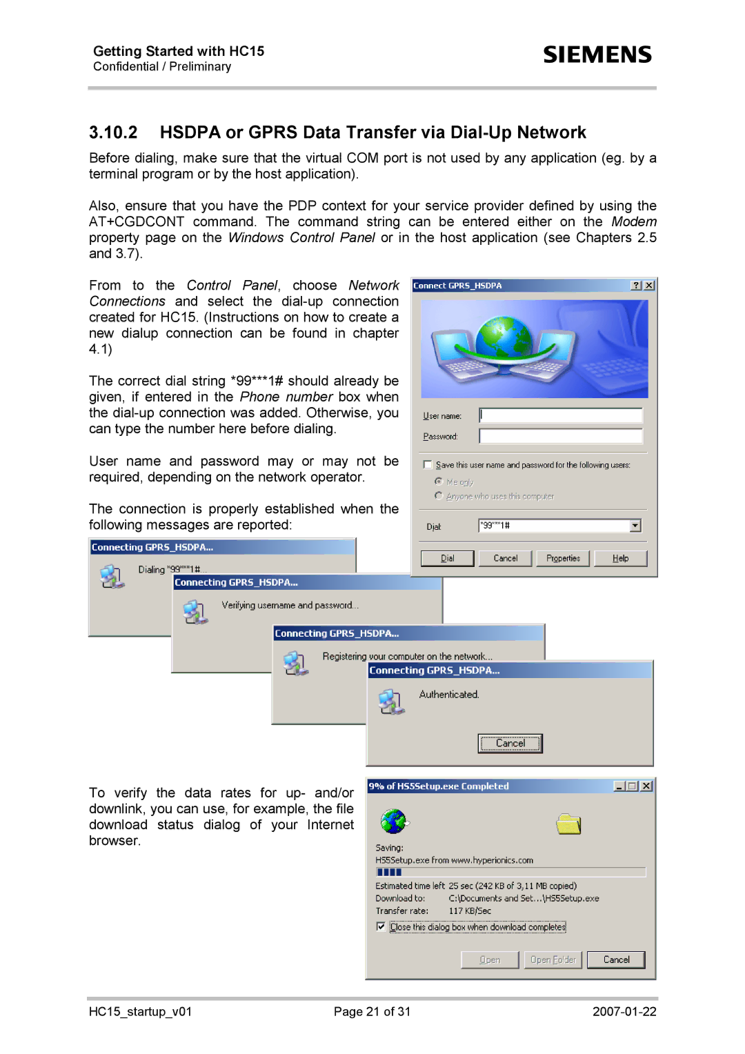 Siemens HC15 manual Hsdpa or Gprs Data Transfer via Dial-Up Network 