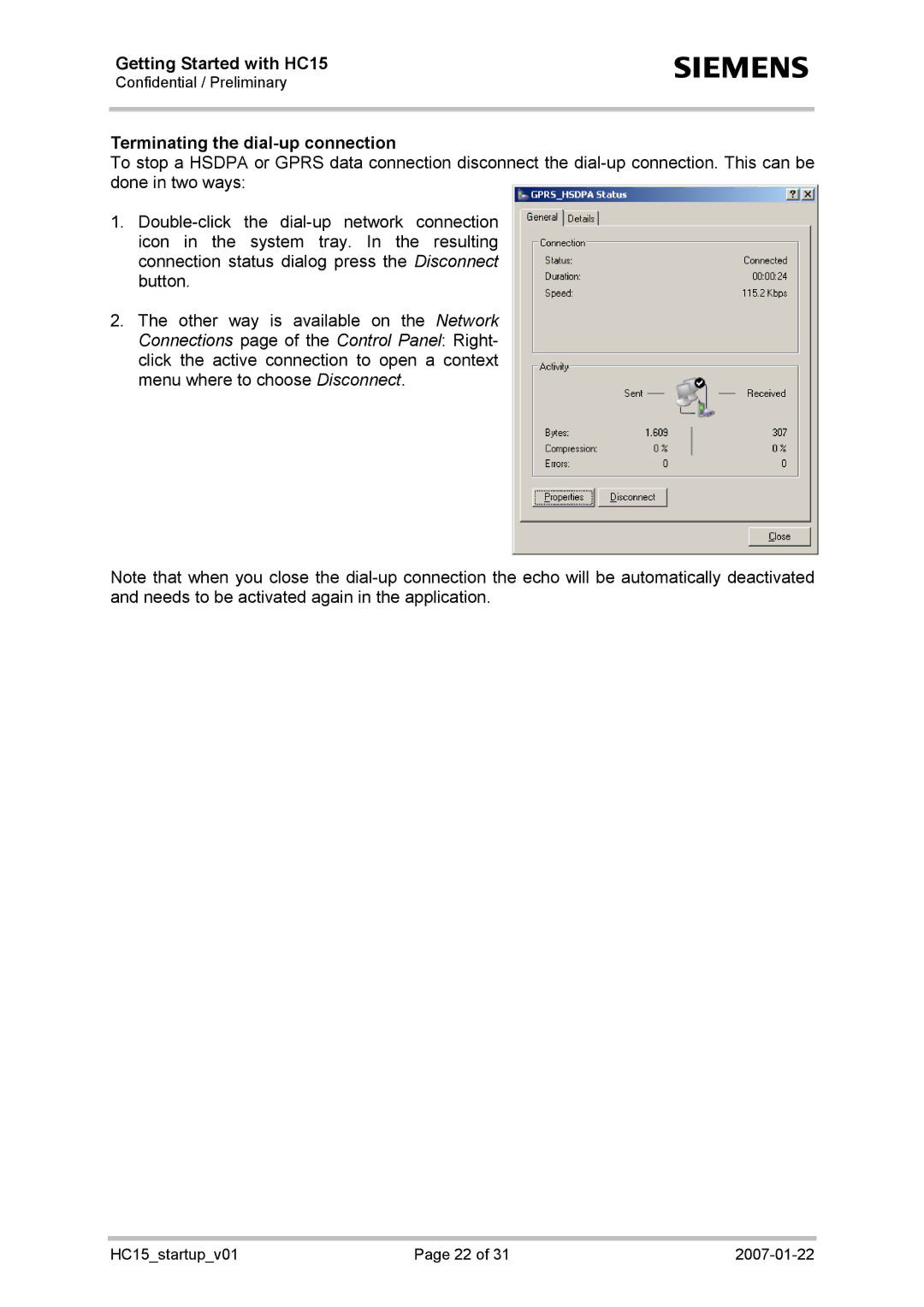 Siemens HC15 manual Terminating the dial-up connection 