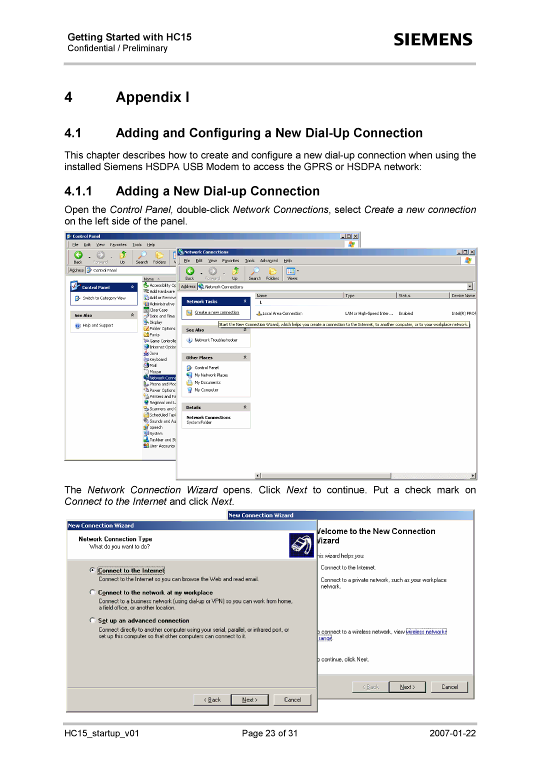 Siemens HC15 manual Appendix, Adding and Configuring a New Dial-Up Connection, Adding a New Dial-up Connection 