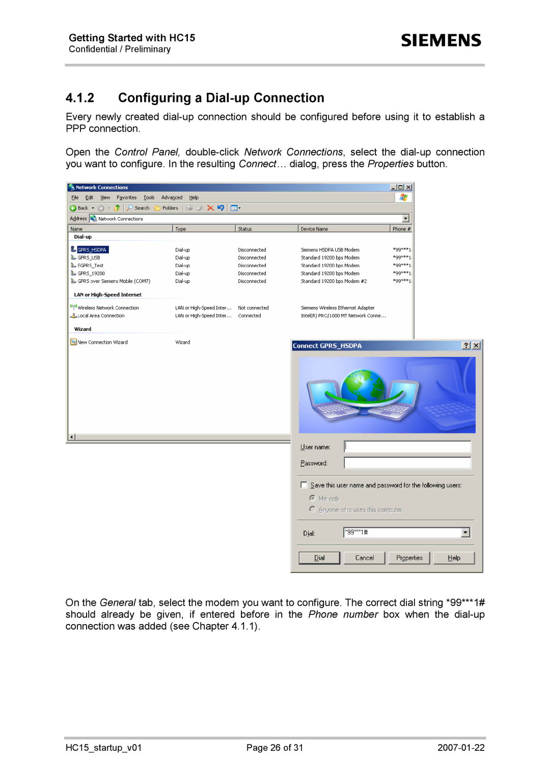 Siemens HC15 manual Configuring a Dial-up Connection 