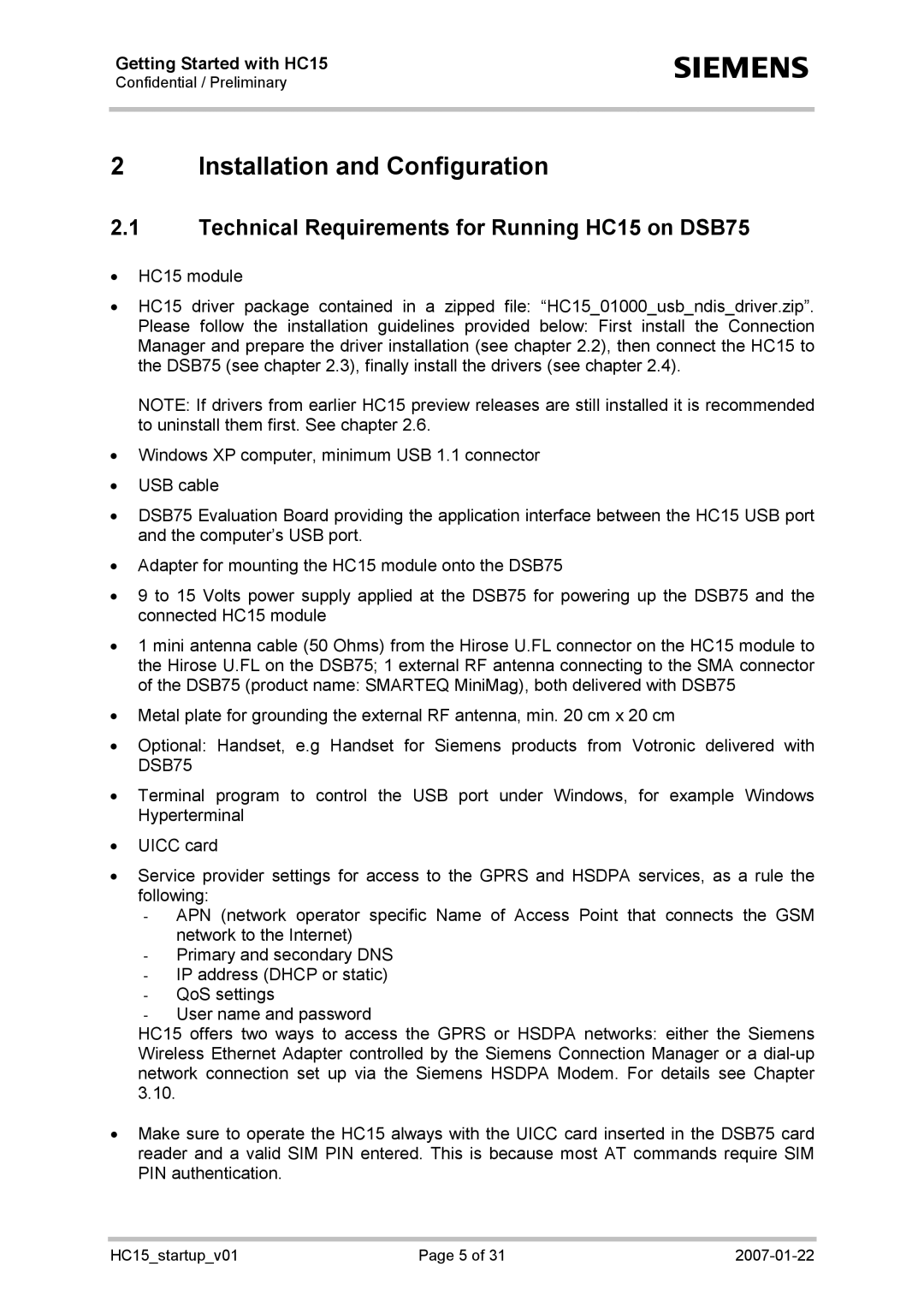 Siemens manual Installation and Configuration, Technical Requirements for Running HC15 on DSB75 