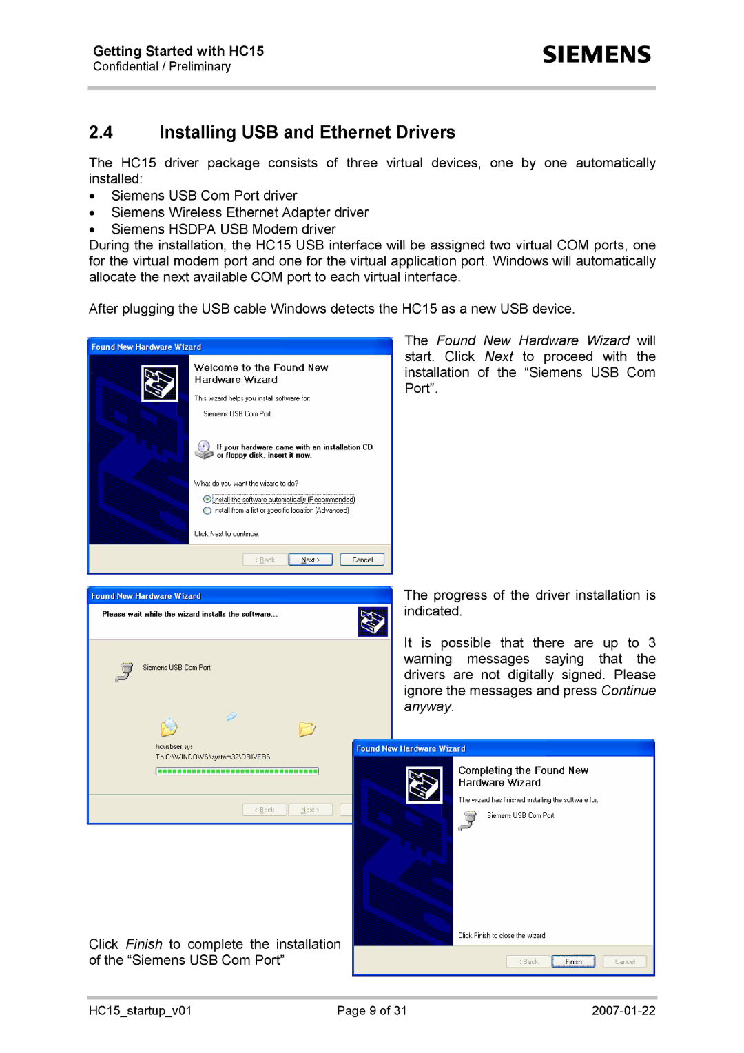 Siemens HC15 manual Installing USB and Ethernet Drivers 